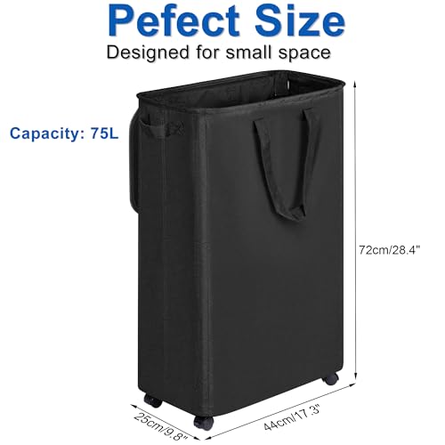 Vincona Slim Laundry Hamper with Lid and Wheels, Small Rolling Laundry Basket with Handle for Small Spaces, Tall Dirty Clothes Hampers for Dorm, Bathroom and Bedroom, 75L Black - color: Black, size: 75L