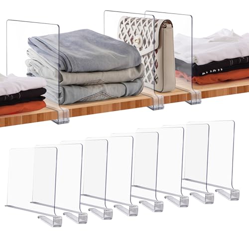JOY DECOR 8 Pack Acrylic Clear Shelf Dividers for Closets Organizer and Storage Adjustable Vertical Wood Shelf Closet Separators for Clothes,Book,Bags in Bedroom and Kitchen - color: Clear