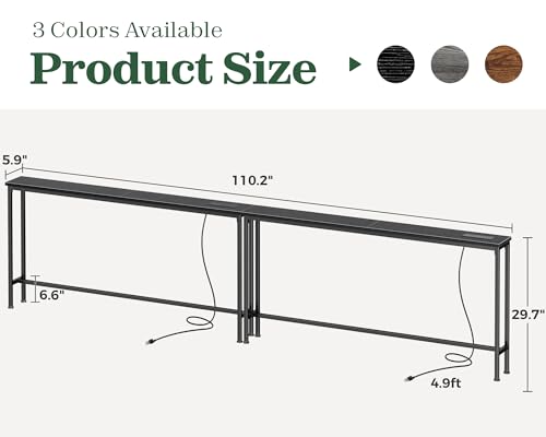 SUPERJARE 110.2 Inch Sofa Table with Power Outlets and USB-C Ports, 5.9 Inch Narrow Console Tables, Entryway Hallway Couch Tables with Storage, Behind Sofa, Small Spaces, Living Room, Black - color: Black, size: 5.9''D x 110.2''W x 29.7''H