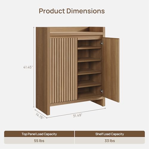 Sicotas Shoe Cabinet - Fluted Shoe Storage Cabinet with Thickened Panels for Entryway, 24-Pair Shoes Organizer with Doors & Adjustable Shelves, 6-Tier Shoe Rack Storage Cabinet for Hallway Living Room - color: Reclaimed Caramel Oak, size: 1 Piece