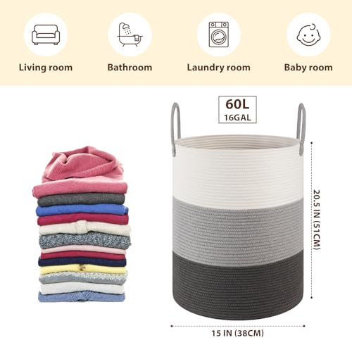 OIAHOMY Large Laundry Basket Hamper - 60L Cotton Rope Woven Basket for Blankets, Toys, Clothes - Tall Decorative Nursery Hamper with Long Handles, Gradient Grey - color: Gradient Grey, size: 60L