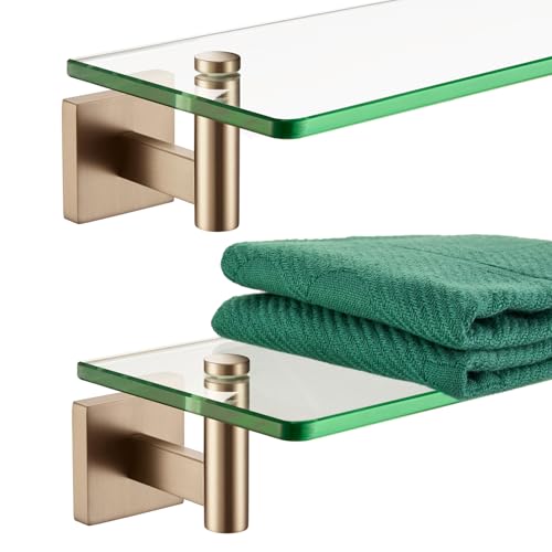 KOKOSIRI Wall Shelves Bathroom Hardware Glass Floating Shelf Small Hanging Rack Storage/Room Decor 12-Inch Champagne Bronze 2 Pack B1105CPG-L12-P2 - color: Champagne Bronze, size: 12-Inch(2 Pack)