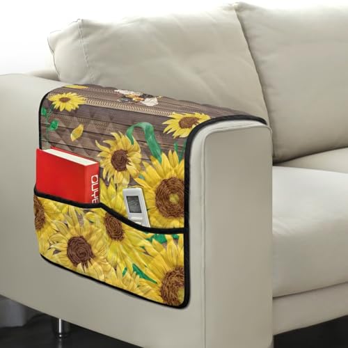 Sunflower Bee Wood Print Armrest Cover for Sofa with 2 Side Organizer Pockets 44x20 inch Arm Covers for Loveseat, Recliner, Chair Anti-Scratch Armchair Protector - color: Sunflower Bee Wood
