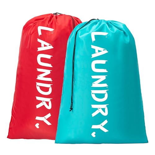 2 Pack XL Travel Laundry Bag, Machine Washable Dirty Clothes Organizer with Drawstring,Large Enough to Hold 4 Loads of Laundry, Easy Fit a Laundry Hamper or Basket Travel Essentials 24" x 36" - color: Blue+Red, size: 24"x36" |2 Pack