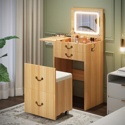 FURSUN 3-in-1 Vanity with Flip Mirror & Lights, Fluted Compact Vanity Table with 3 Drawers, Storage Compartment and Rolling Stool, Modern Small Makeup Vanity for Bedroom, Powder Room, Natural Oak - size: 15.7"D x 18.2"W x 46.9"H, style: Natural Oak