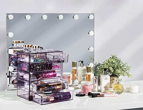 Sorbus Acrylic Makeup Organizer Set, 7-Drawer Vanity & Countertop Cosmetic Storage with Small & Wide Drawers, Purple Makeup Storage for Brushes, Lipsticks, Jewelry – Holiday Gift for Women & Teens - color: Purple, style: 3 Large, 4 Small Drawers