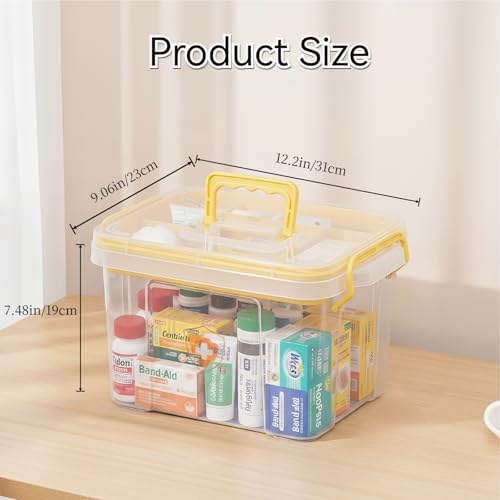 Pulseplay Clear Medicine Storage Box with Handle Portable Medicine Cabinet Organizer Multipurpose Plastic Storage Box with Removeable Tray for Home Office Travel Outdoor (Yellow) - color: Yellow