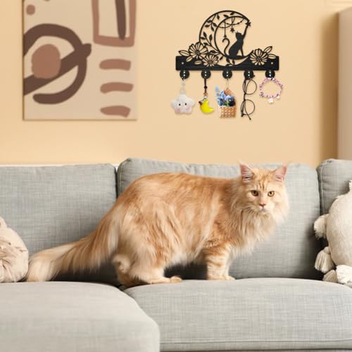MAYJOYDIY Cat Moon Flower Coat Rack Wall Mounted Wood Animal Moon Star Key Hanger Wall Art Decor 11.8×7.9inch 5 Alloy Hooks Black Key Rack Organizer for Gift Entryway Hallway Kitchen Room - color: Cat