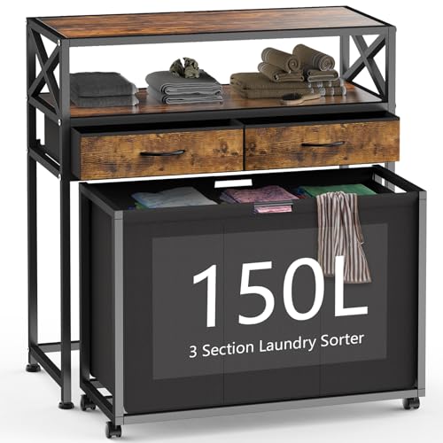 Laundry Hamper 3 Section, 150L Rolling Laundry Sorter Basket with 2 Shelves and 2 Drawers, 3 Compartment Clothes Organizer Cart with Wheels, Pull-Out Bags for Laundry Room, Bathroom, Bedroom - color: Brown, size: 150L