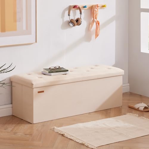 HAUSFRAU Storage Ottoman Bench with Flipping Lid, 43.3 Inches Storage Chest Footsrest, Folding Foot Stool for Entryway, Living Room, Bedroom, Linen Beige - color: Beige, size: 15"D x 43.5"W x 15"H