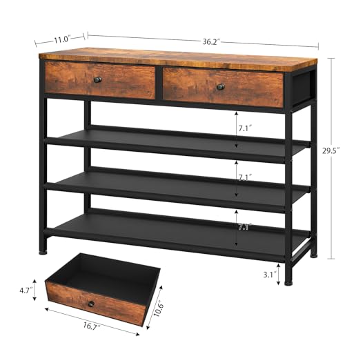 usikey Shoe Rack, 4 Tier Shoe Storage Organizer with 2 Drawers, Metal Shoe Shelf for 12-15 Pairs of Shoes, with 3 Oxford Fabric Shelves and Wooden Top, Shoe Stand for Entryway, Rustic Brown UNYXJX008F - color: 4 Tier ( 36.2 X 11 X 29.5 Inches)-rustic Brow