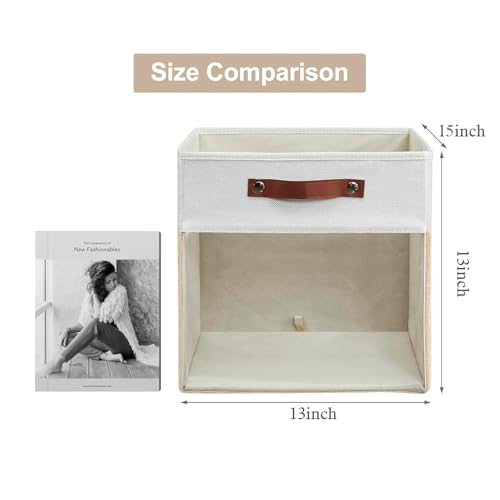 Bagnizer Storage Cubes, 4 Pack Linen Foldable Storage Bins with Clear Window and 2 Handles, 13x15x13 Storage Cube Bins for Shelf Closet, Kallax, Clothes, Books - (Beige and White) - color: Beige / Off-White, size: 13 x 15 x 13
