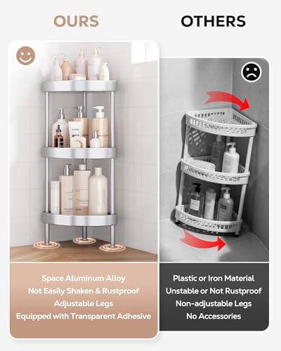 Nieifi Corner Shower Caddy Stand-3 Tier Rustproof Anodized Aluminum Standing Shower Organizer-Shower Caddy Corner-Dual Stability to Anti-Shaking-Height-Adjustable Legs for Uneven Surfaces-Silver - color: Silver, size: 3-Tier