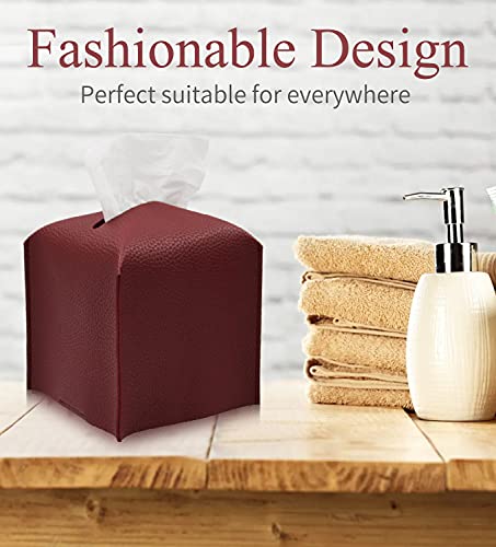 Livelab Tissue Box Cover Holder, Square Modern Decoration PU Leather Facial Tissues Case Roll Paper Dispenser for Bathroom Vanity Countertop, Night Stands, Office Desk Car 5X5X5'' | Wine Red - color: Wine Red