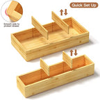 DUJEN 5 pieces Bamboo Drawer Organizer, Adjustable 3 Individual Junk Drawer organizer for Bathroom and Kitchen, Wood Drawer Organier Boxes for Jewellery, Make up and Tea Bag - size: 1 piece 12.5X6.2 & 4 pieces 12.5X3.1
