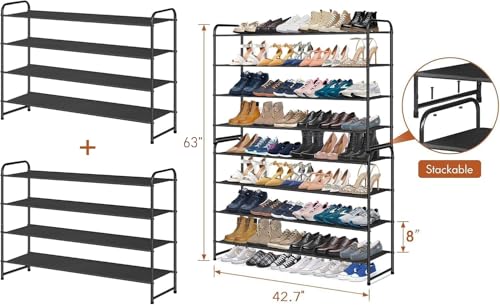 KIMBORA 4 Tier Long Shoe Rack for Closet Floor, Wide Shoe Shelf Storage Organizer 30-Pairs Stackable Sneaker Organizer for Closet, Bedroom (Black) - color: Black, size: 11.4 x 42.7 x 32.4