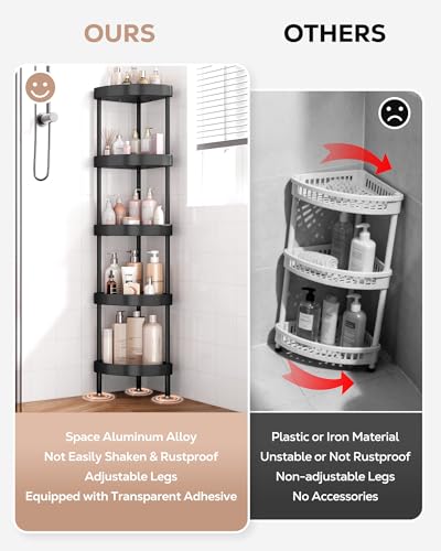 Nieifi Corner Shower Caddy Stand-5 Tier Rustproof Anodized Aluminum Standing Shower Organizer-Shower Caddy Corner-Dual Stability to Anti-Shaking-Height-Adjustable Legs for Uneven Surfaces-Black - color: Black, size: 5-Tier