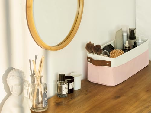 StorageWorks Narrow Storage Bins, Small Basket for Closet and Shelves, Fabric Organizer with Handles, Toilet Paper Storage, Pink and White, 2-Pack - color: Pink and White, size: 15"L x 6"W x 5"H