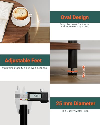 Small Round Side Table - 3-Tier Oval Accent Table for Small Spaces, Rustic Wood and Metal Couch End Table, Nightstand for Bedroom or End Table Living Room, Set of 2, Rustic Walnut - color: Rustic Walnut, size: 2-Pack, style: Without Power Outlets