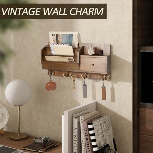 Key Holder Wall Mount with Mail Sorter - Modern Farmhouse Key and Mail Organizer with Hooks and Mini Drawer for Home Decor - Rustic Apartment Essentials for Home Improvement (Brown & Golden Hooks) - color: Brown&Golden Hooks