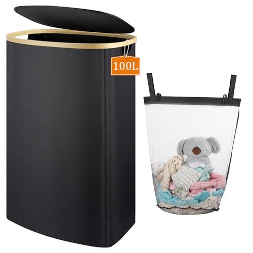 Laundry Hamper with Lid, 100L Clothes Hampers for Laundry with Bamboo Handles and A Removable Bag, Fordable laundry Basket with Lid for Bathroom, Bedroom, Dorm, Laundry Room - color: Black, size: 100L