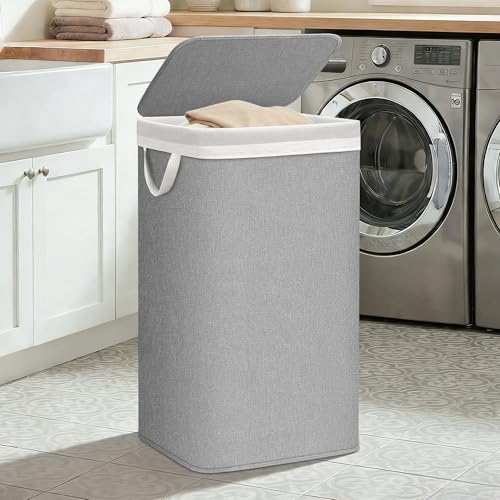 STORAGE MANIAC Metal Frame Laundry Hamper with Lid, 90L Tall Laundry Baskets with Removeable Bag, Large Clothes Hamper with PU Tag, Laundry Bin for Dorm, Collage, Bathroom, Bedroom, Gray - size: 1 Section