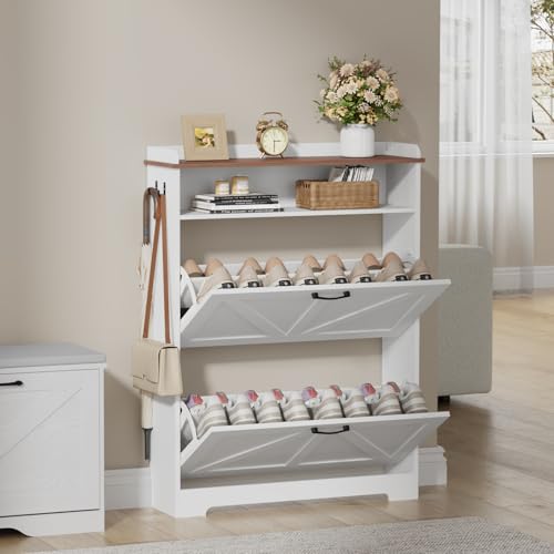 Shoe Cabinet Organizer with 2 Flip Drawers, Farmhouse Narrow Shoe Cabinet with 2 Adjustable Shelves & 2 Hooks, Shoe cabinet storage for entryway, Foyer, Hallway, White, 31.5"W x 8.7"D x 41.7"H - color: White + Brown, size: 2 Drawers with Shelf