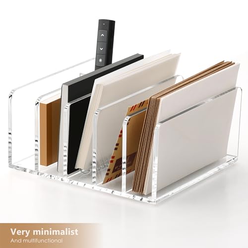 SANRUI Acrylic Mail Organizer, 5 Compartments File Holder for Desk, Letter Sorter with Pen Holder, Clear Countertop Document Sorter for Notebooks, Bills & Eyeshadow Palettes - style: 5 Sections with Pen Holder