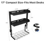 Clamp On Desk Shelf, 17'' 2-Tier Desktop Organizer Shelf with Under-Desk Hidden Storage Basket, Heavy-Duty Desk Shelves for Top of Desk, Space-Saving Desk Storage for Home Office Gaming Setup (Black)