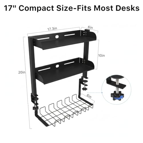 Clamp On Desk Shelf, 17'' 2-Tier Desktop Organizer Shelf with Under-Desk Hidden Storage Basket, Heavy-Duty Desk Shelves for Top of Desk, Space-Saving Desk Storage for Home Office Gaming Setup (Black)