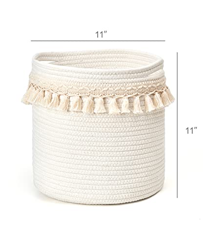 Mkono Macrame Decorative Cotton Rope Basket Boho Nursery Decor Small Cute Woven Tassel Closet Storage Bins Organizer for Baby Toys,Magazines, Potted Plants Cover,Living Room,Bedroom, 11"x11" - size: 11"x11"