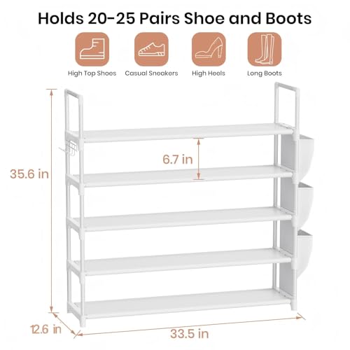VILICK Shoe Rack for Closet Shoe Organizer Space Saver Storage for 20-25 Pair Shoe Shelf with Hook and Side Pocket Free Standing 5 Tier Shoe Rack Organizer for Entryway,Small Spaces, White - color: White, size: 33.5"W - 5 Tier