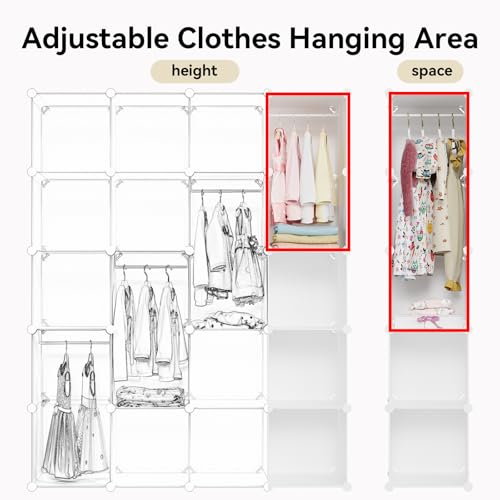 Modular Baby Wardrobe Closet, Portable Children Organizers and Storage for Nursery,15 Cubes with Hanging Rods,Multi-Functional Kids Storage Shelf-Bedroom Clothes Armoire (Boys & Girls)