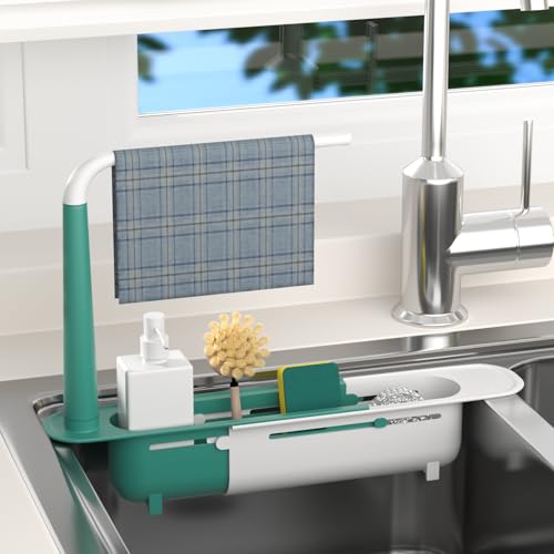 Telescopic Sink Storage Rack Adjustable with 2 Sponge - Sink Caddy Sponge Holder for kitchen sink(Green) - color: Green