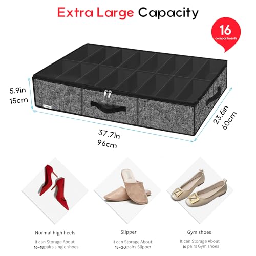 Onlyeasy Sturdy Under Bed Shoe Storage Solution Organizer For Closet Fit 16x2 Pairs, Underbed Shoes Container Bags with Reinforced Handles, Breathable, Linen-like Black, MXAUBS16P2 - color: 2 Shoes (16+16 Cells) Linen-like Black
