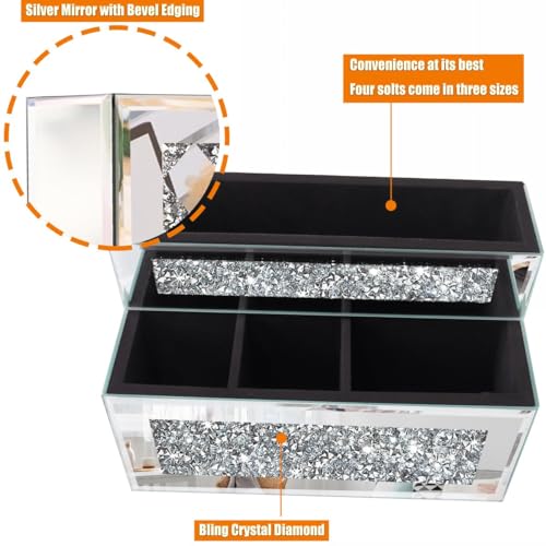GOTHICO Mirrored Remote Holder, Wall or Tabletop Mounted Crush Diamond Bling Decoration Organizer Storage Caddy for Remote Phone Pad Notebook Makeup Brush,4 Slots in 3 Sizes,9.1"×6.1"×4.8"