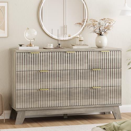 Xixini Fluted Dresser for Bedroom with 7 Drawers, 48" Wide Modern Chest of Drawers with Metal Handle, Wood Dresser TV Stand, Wooden Closet Clothes Storage Organizer for Living Room, Hallway, Grey - color: Grey, size: 15.6"D x 47.2"W x 30.5"H (7 Drawers)