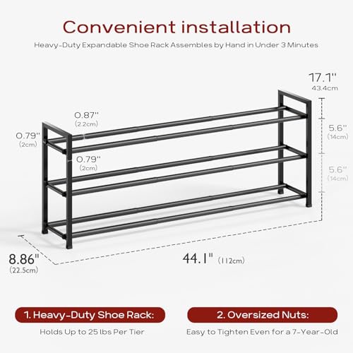 Bumusty 3-Tier Long Expandable Shoe Rack for Closet, 18"-44" Adjustable Shoe Rack for Entryway, 15-18 Pairs Large Shoe Organizer Shelf Storage, Sturdy Metal, Black - color: Black, size: 3-Tier