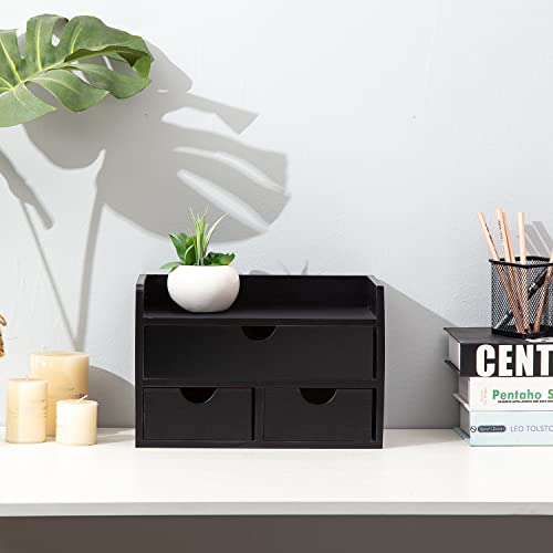 Black Bamboo Desk Organizer Wooden Storage Cabinet 3 Drawers with Shelf Tabletop Organization Box Home Office Workspace Bathroom Toiletries Supplies Caddy Vanity Makeup Stationery Holder