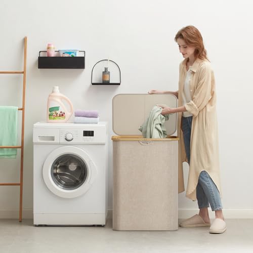 Lifewit 150L Laundry Basket with Lid, Clothes Hampers for Laundry with Bamboo Handles and 2 Removable Bag, Large Foldable Laundry Hamper for Bedroom, Bathroom, Dorm, Laundry Room, Beige - color: Beige, size: 150L