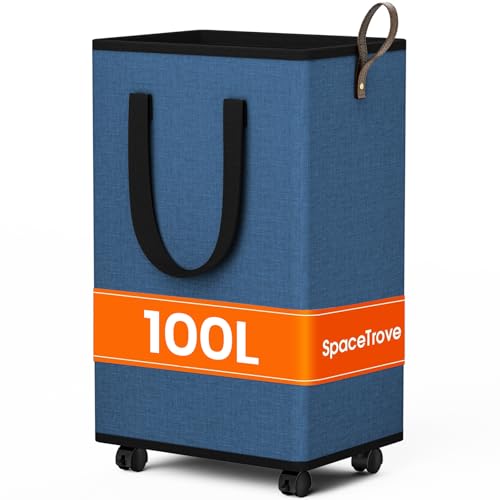 SpaceTrove Laundry Basket with Wheels, Collapsible Laundry Baskets, Laundry Hamper with Handles Detachable Wheels, Rolling Laundry Basket, Dirty Clothes Hamper for Bathroom, Dorm, Bedroom, Navy, 100L - color: Navy, size: 100L