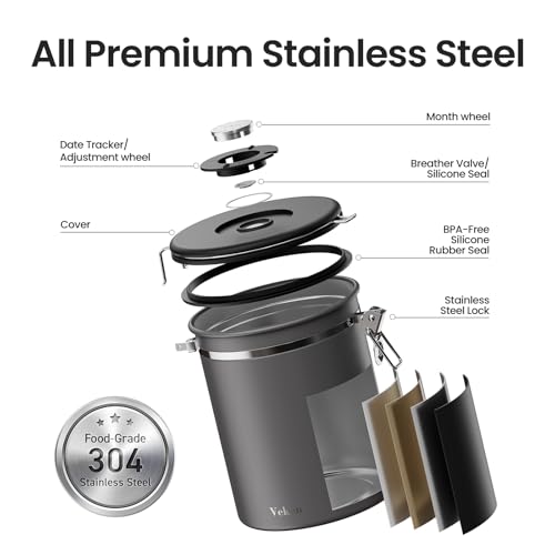 Veken Coffee Canister, Airtight Stainless Steel Kitchen Food Storage Container with Date Tracker and Scoop for Grounds Coffee, Beans, Tea, Flour, Cereal, Sugar, 22OZ, Gray - color: Gray, size: 22 oz