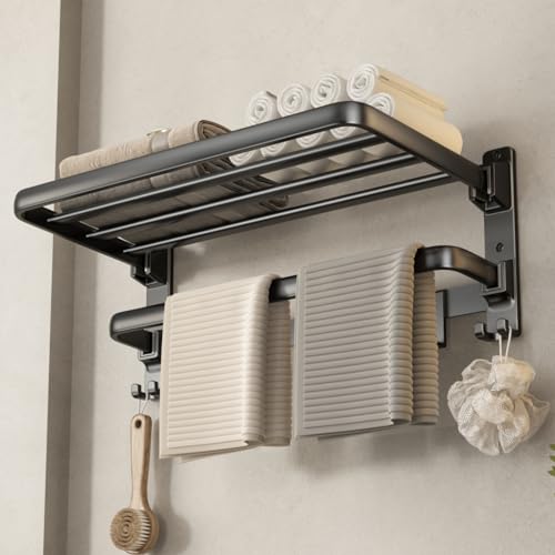 VOLDRA Towel Racks for Bathroom, 24-Inch Towel Shelf with Towel Bar Foldable Towel Holder with 7 Hooks Towel Storage Organizer for Bathroom & Lavatory Wall Mounted(Matte Black) - color: Matte Black, size: Extra 1 towel bar