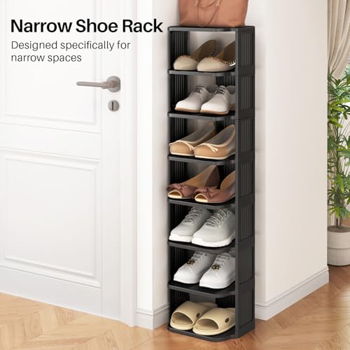 Kitstorack 10 Tiers Stackable Shoe Rack for Closet and Front Door Entrance - Free Standing Plastic Stand, Narrow Tall Vertical Organizer for Small Spaces Storage - color: Black, size: 10 Tiers