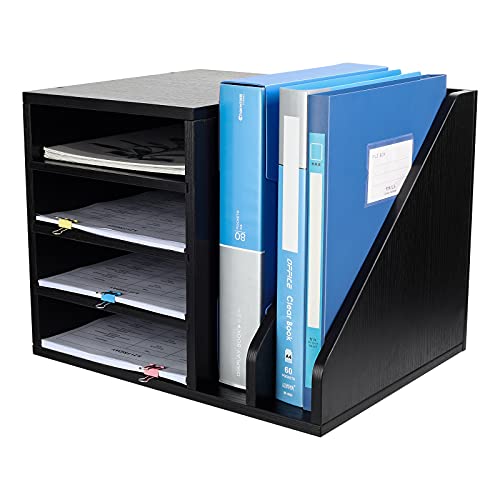 PAG Wood Desktop File Holder Organizer Mail Sorter for File Folders, Mails, Envelopes, Mailing Supplies or Magazines, Black - color: Black