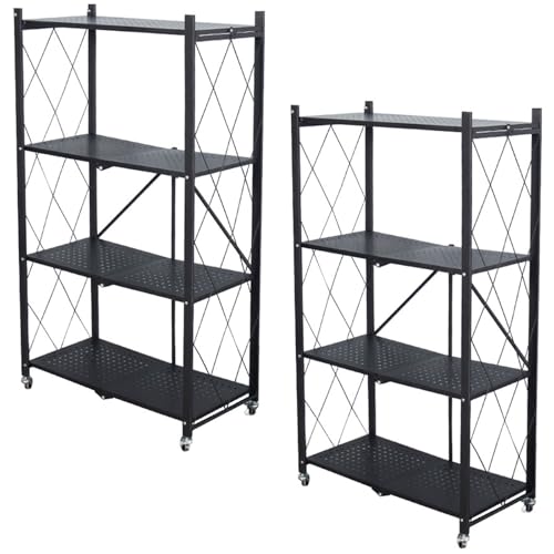 Life Hacks 2pcs 4-Tier Foldable Shelves for Storage, No Assembly Required, Folding Shelf Unit Pantry Shelves with Wheels, Metal Shelving Storage Rack Shelf for Kitchen Garage Home