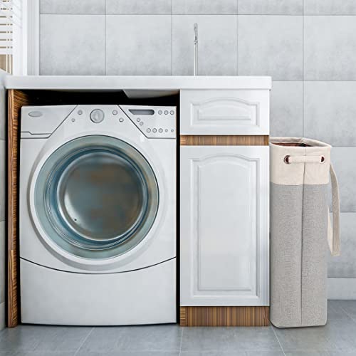i BKGOO Laundry Basket with Handles Beige&Silver Slim Laundry Bin Collapsible Dirty Clothes Basket Narrow Laundry Bag Foldable Dirty Hamper for Camping, Dorms, Apartments - color: Beige&Silver
