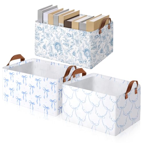 Boao 3 Pcs Blue Bow Storage Bin Collapsible Large Storage Baskets for Gifts Empty Candy Holiday Decor Canvas Laundry Basket Foldable Box with Handle for Office Home Bedroom Clothes - style: Blue Bow