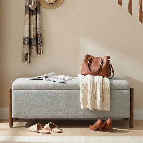 Usaint Wooden Storage Ottoman Bench, 47" Fabric Upholstered End of Storage Bench with Rubberwood Legs, Entryway Bench with Storage for Bedroom, Living Room, Reception, Cloakroom, Grey - color: Grey