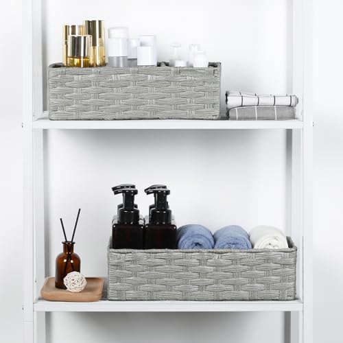 Bidtakay Narrow Wicker Bins for Organizing 2-Pack Decorative Baskets for Washroom Waterproof Imitation Small Wicker Storage Baskets for Shlef Closet Bedroom Entryway Office Desk Light Grey - color: Light Grey